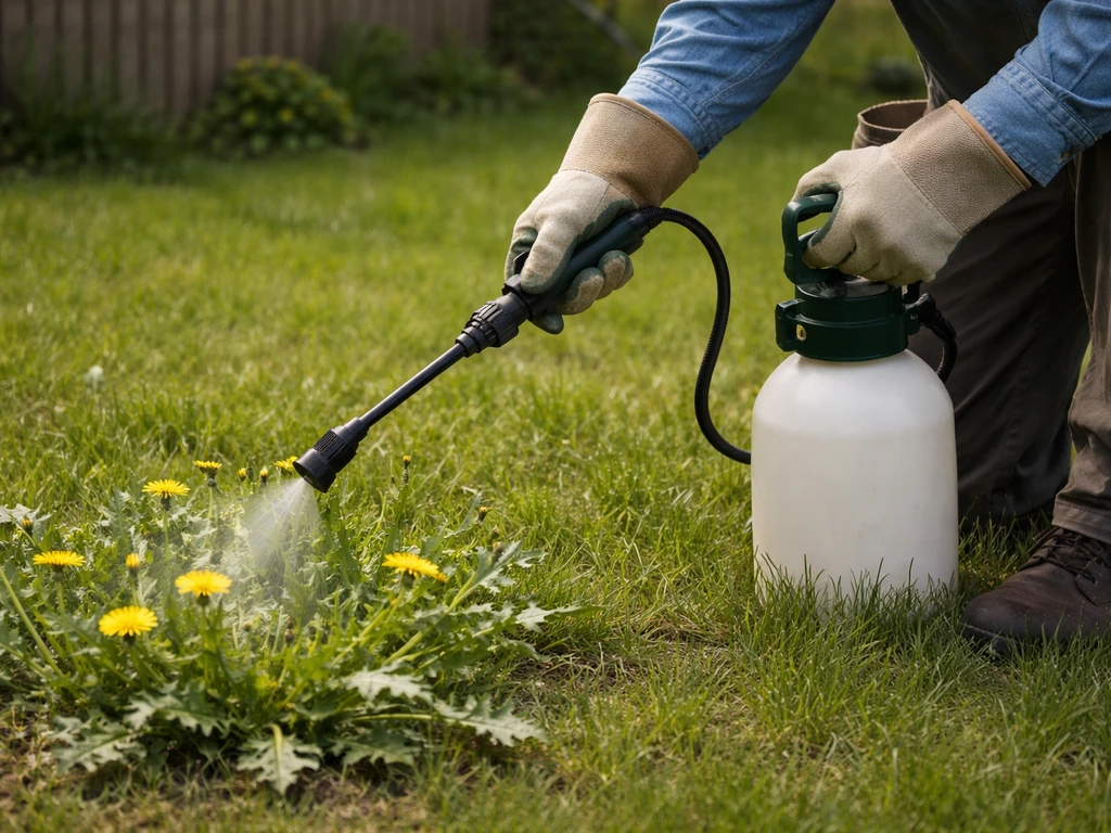 Gloved person spot-spraying dandelions with a wand from a garden sprayer in a lawn.
