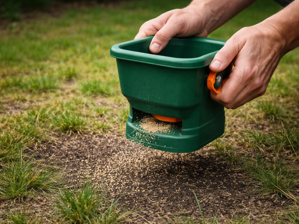 Hands spreading grass seed over a sparse bare patch with visible soil contact.