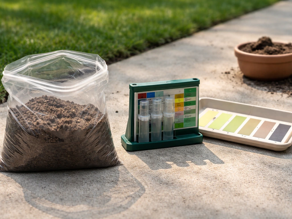 Soil sample container and simple pH test kit on a patio beside a lawn edge.
