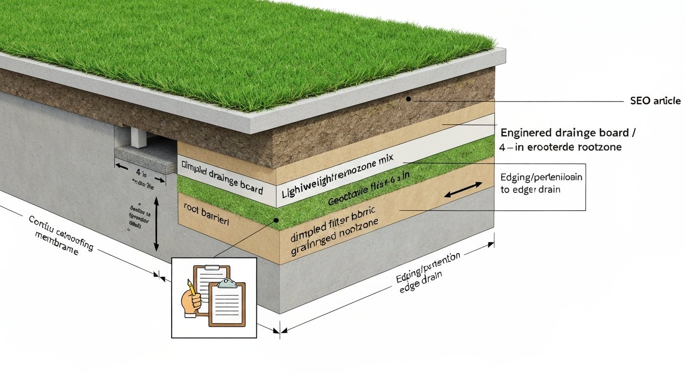 Cross-section diagram of concrete slab with waterproofing, drainage layer, engineered rootzone, and healthy sod on top, labeled with layer names and depth callouts.
