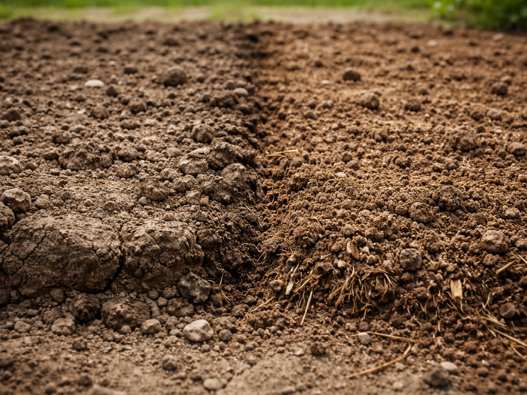 Hard compacted soil beside a loose, prepared bed with sod roots-ready texture.