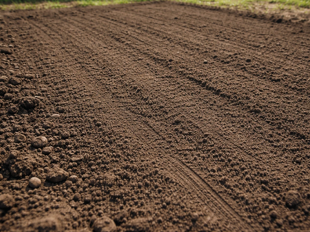 Raked soil bed with a smooth slight slope, ready for laying sod