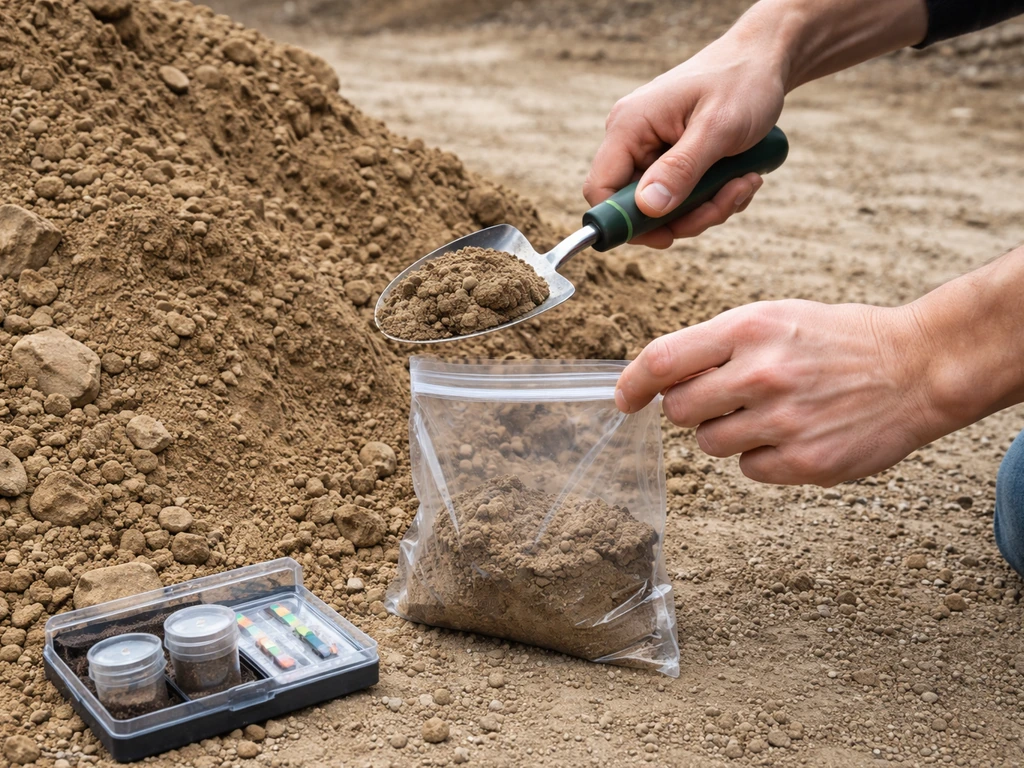 Hands collecting a soil sample from a fill dirt pile using a small shovel and sample bag