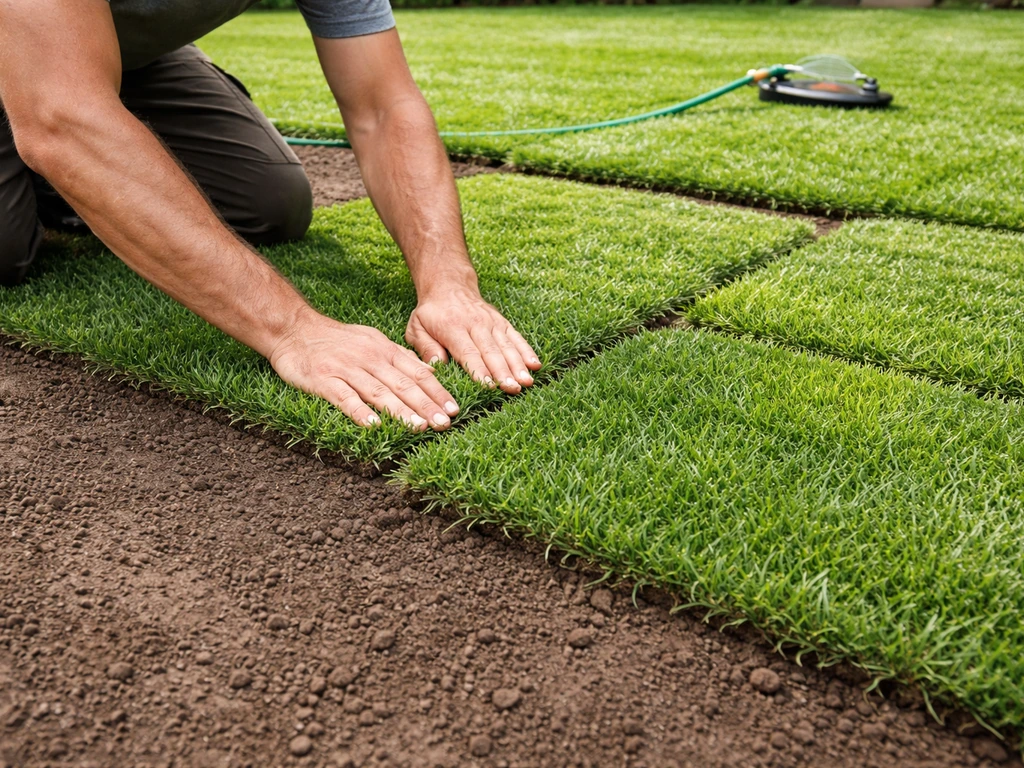 Worker lays sod on prepared lawn with staggered seams and nearby sprinklers for early watering.