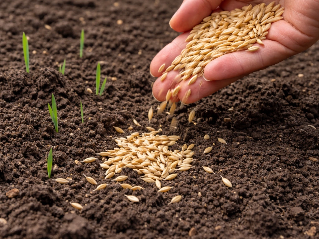 Whole oat seeds poured onto soil with a few fresh oat shoots emerging