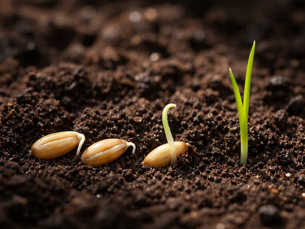 Whole oat seeds sprouting with a small early seedling emerging from moist soil.