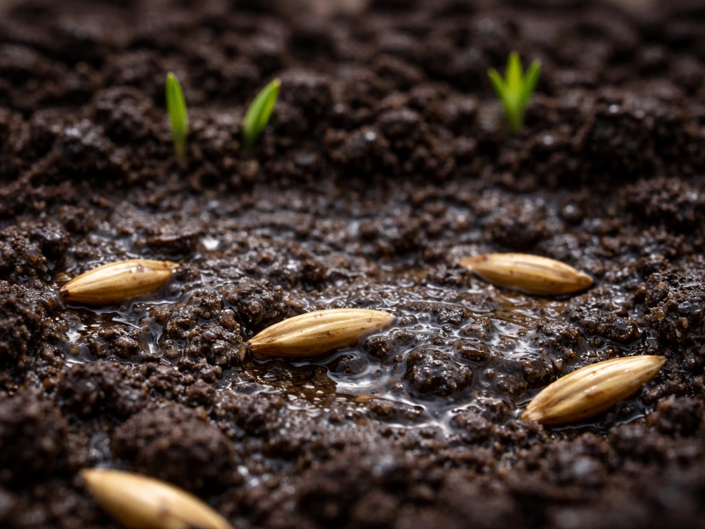 Close-up of rain-wet, slightly crusted soil with oat seeds and a few tiny sprouts in moist crumbly soil.