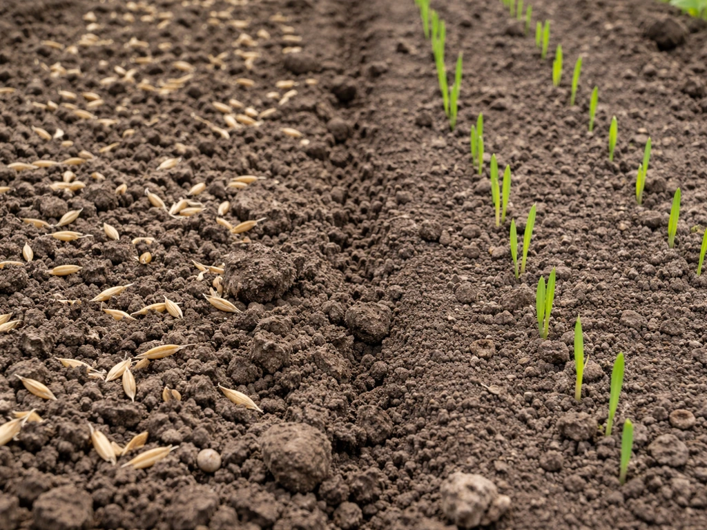 Two adjacent soil patches: loose surface seeds fail to emerge while pressed soil shows even oat sprouting.