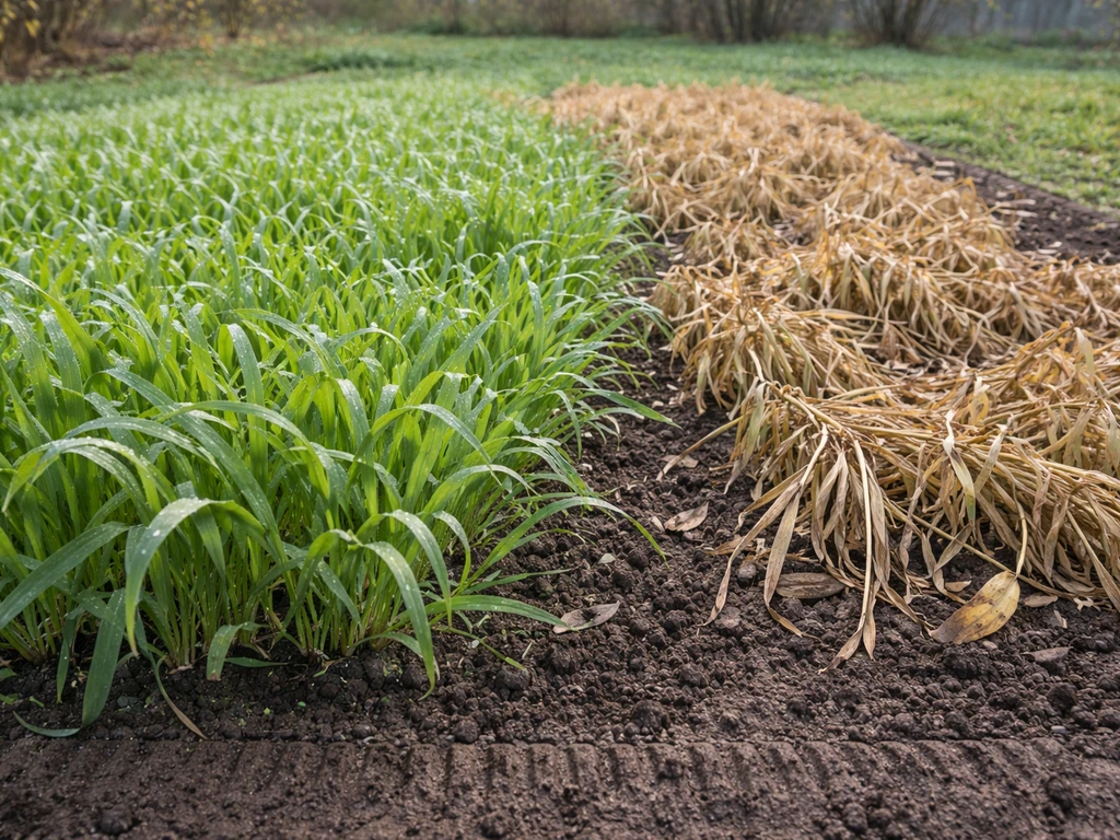 Prepared garden bed with lush green oats contrasted by a frost-killed withering patch showing they won’t persist.