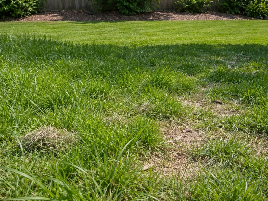 Overgrown lawn with matted tall grass contrasted against a freshly mown strip