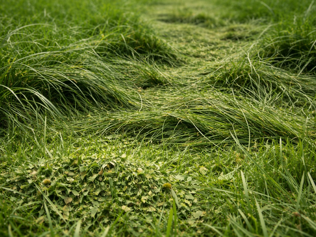 Close-up of overgrown grass with matted clumps and scattered cut clippings on top.