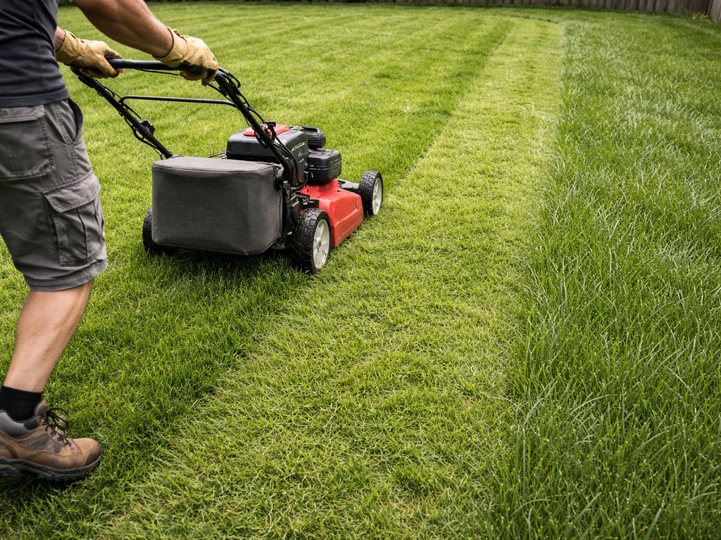 Backyard lawn staged mowing: mower deck set high for a light first pass, then lower for a second pass.