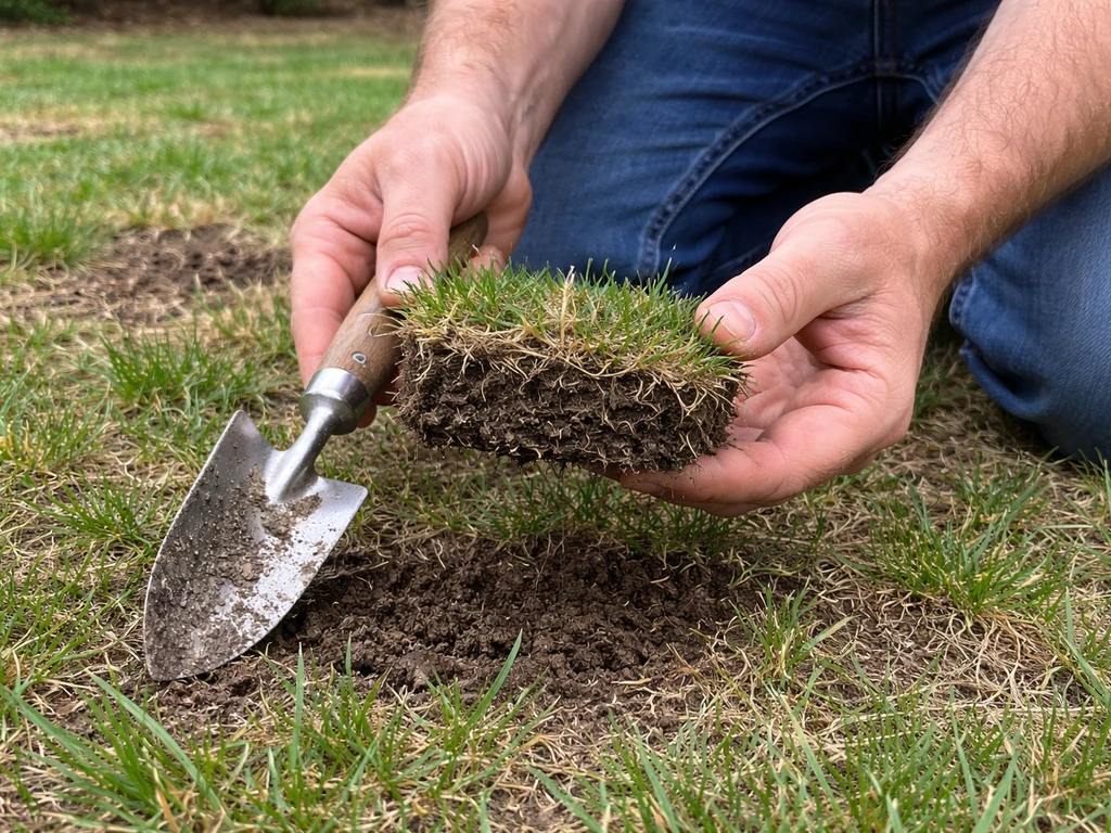 Kneeling hands pull up a small lawn soil-and-grass plug to inspect thatch and dead patches.