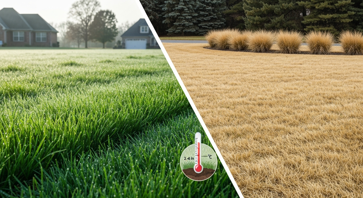 Split photorealistic lawn: left green cool-season turf in spring, right straw-brown dormant warm-season turf in winter, with small soil thermometer graphic showing 2–4 inch depth.
