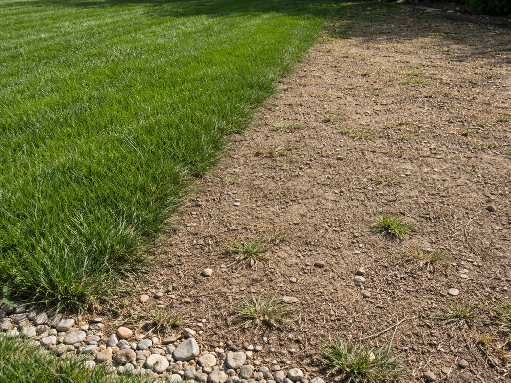 Bare brown lawn patch beside a lush green grass area in a simple yard scene.