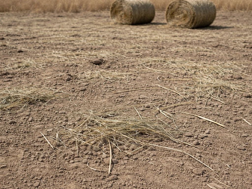 Cut feed hay bales and scattered hay remnants on bare soil, showing hay doesn’t produce mature seed heads.