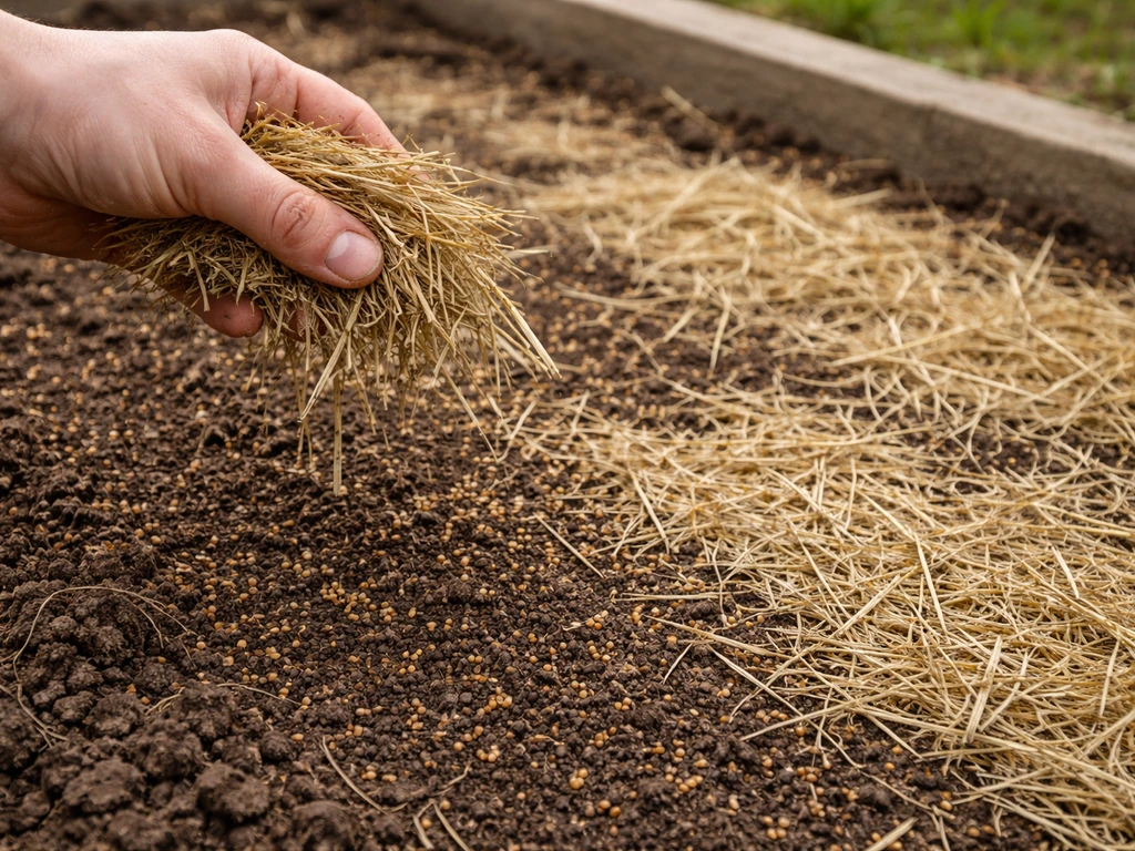 Hand sprinkling a thin layer of hay over freshly seeded soil, with seeds visible beneath.