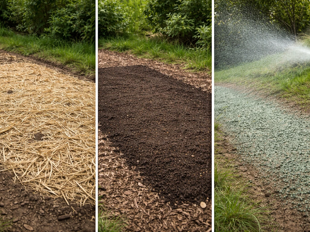 Three-panel outdoor scene: seeded area with straw mulch, compost topdressing, and hydroseeding on a slope.