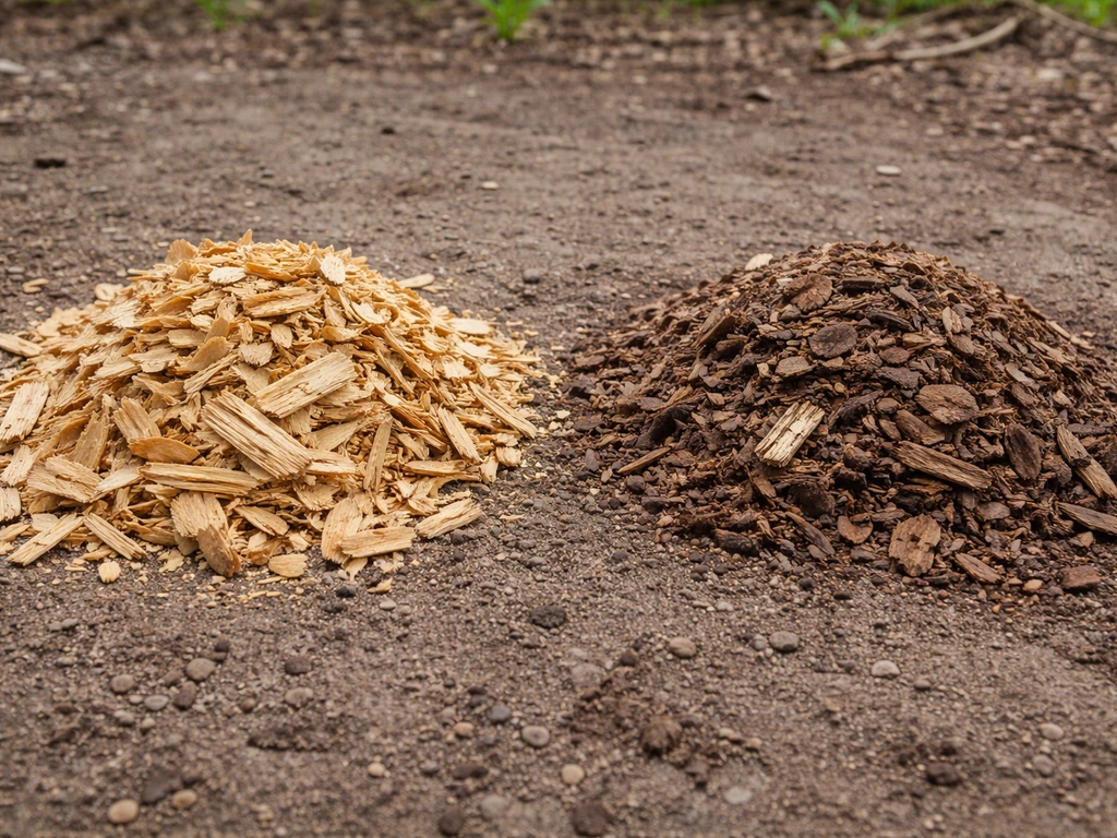 Closeup side-by-side fresh moist wood chips and darker aged wood chips on bare soil.