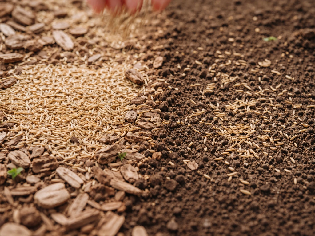 Grass seed scattered on wood chips with a nearby patch of bare soil showing seed touching ground.