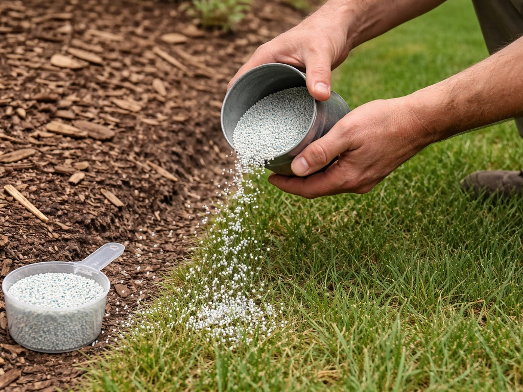 Granular fertilizer spread onto a lawn near wood chips, with a scoop visible nearby.