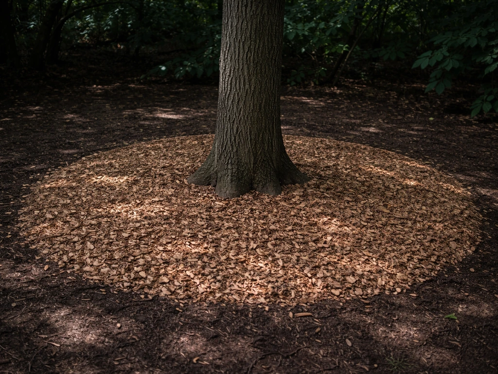 Wood chip mulch ring under a dense tree canopy, dark shaded ground cover around a tree trunk