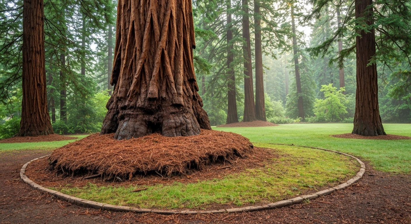 Wide view under a mature redwood showing patchy grass, needle duff, and shallow roots beneath a dense canopy.