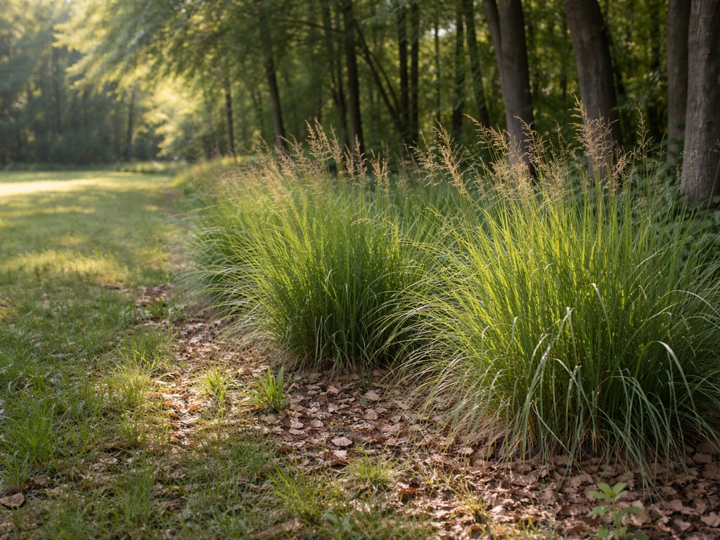 Switchgrass plants growing at the edge of a wooded area under dappled sunlight.