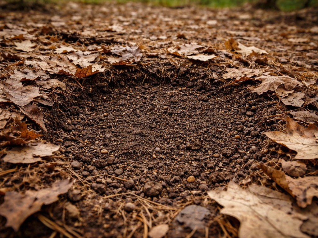 Cleared forest planting pocket showing exposed mineral soil beneath thick leaf litter and duff.