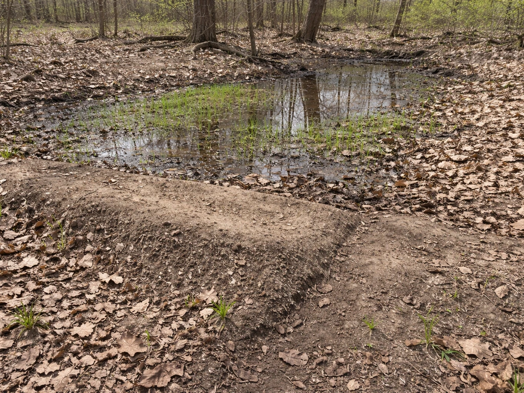 Seasonal spring standing water in a woodland patch beside a raised, better-drained planting bed