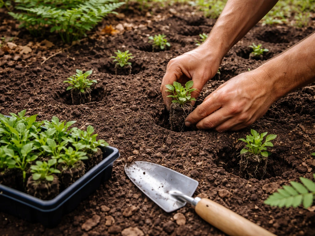 Gardener sets rooted plant divisions into prepared holes in a woodland bed with spacing visible.