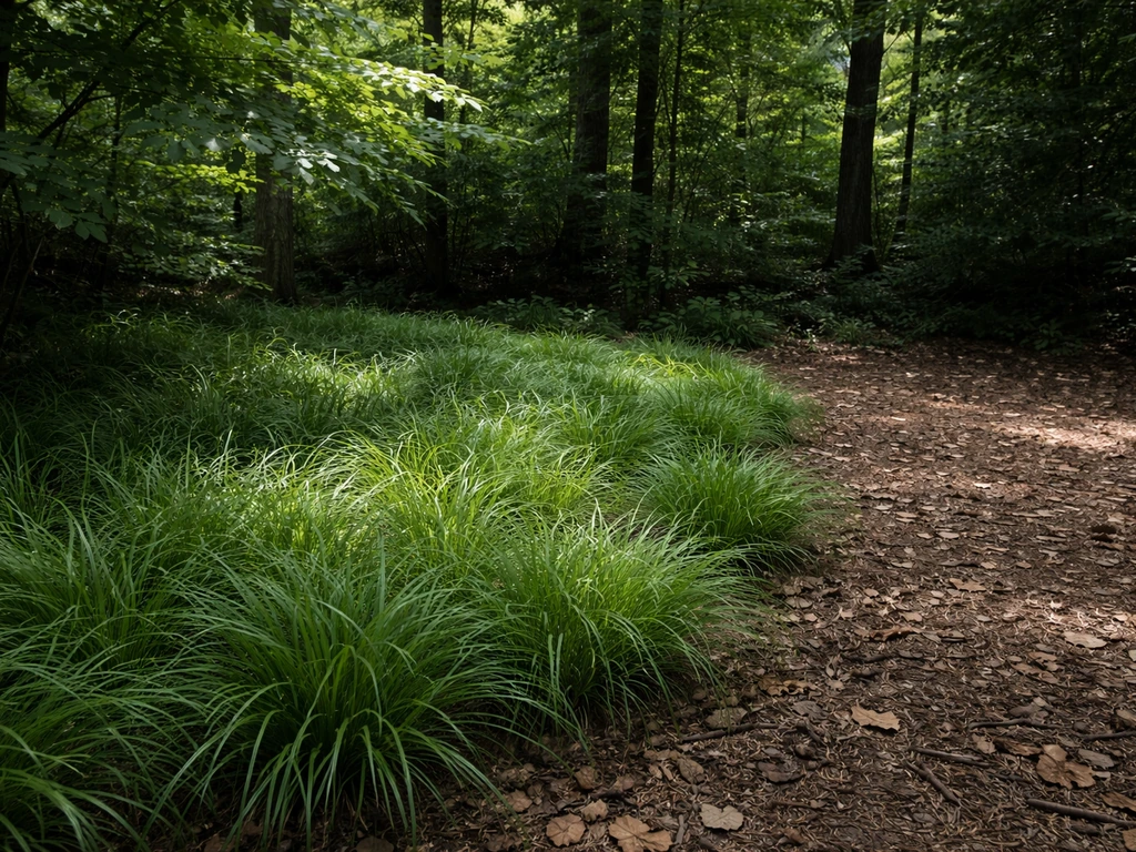 Shady forest understory with low sedge-like plants thriving in dappled light and an unplanted darker patch.