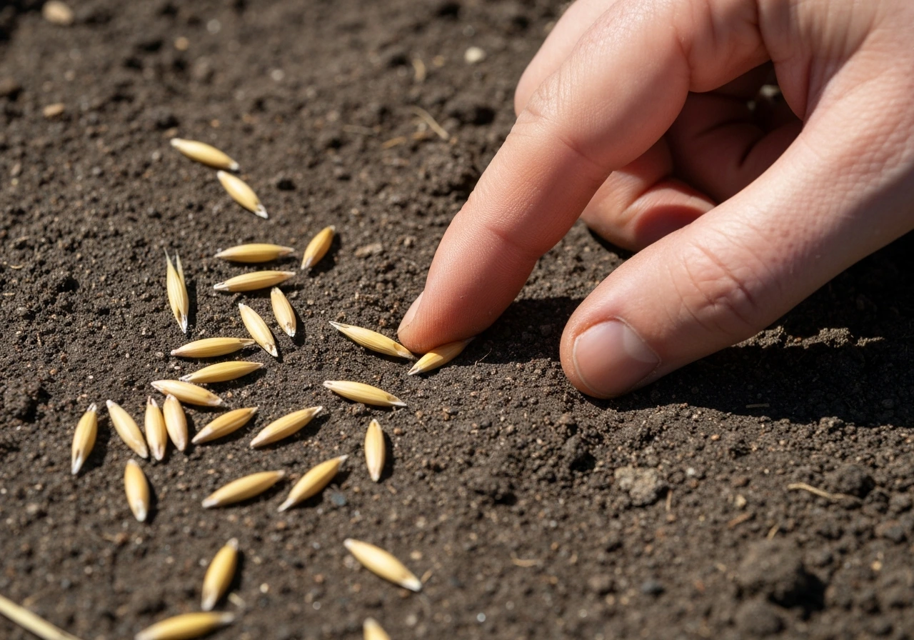 Oat seeds on bare soil with a hand gently pressing them in for proper seed-to-soil contact.
