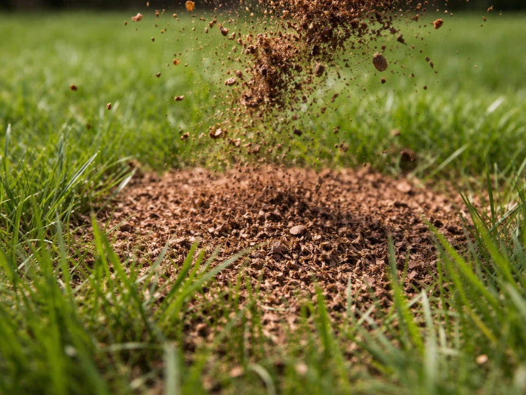 Sawdust being scattered onto a small patch of grass, with turf and falling particles in close-up.