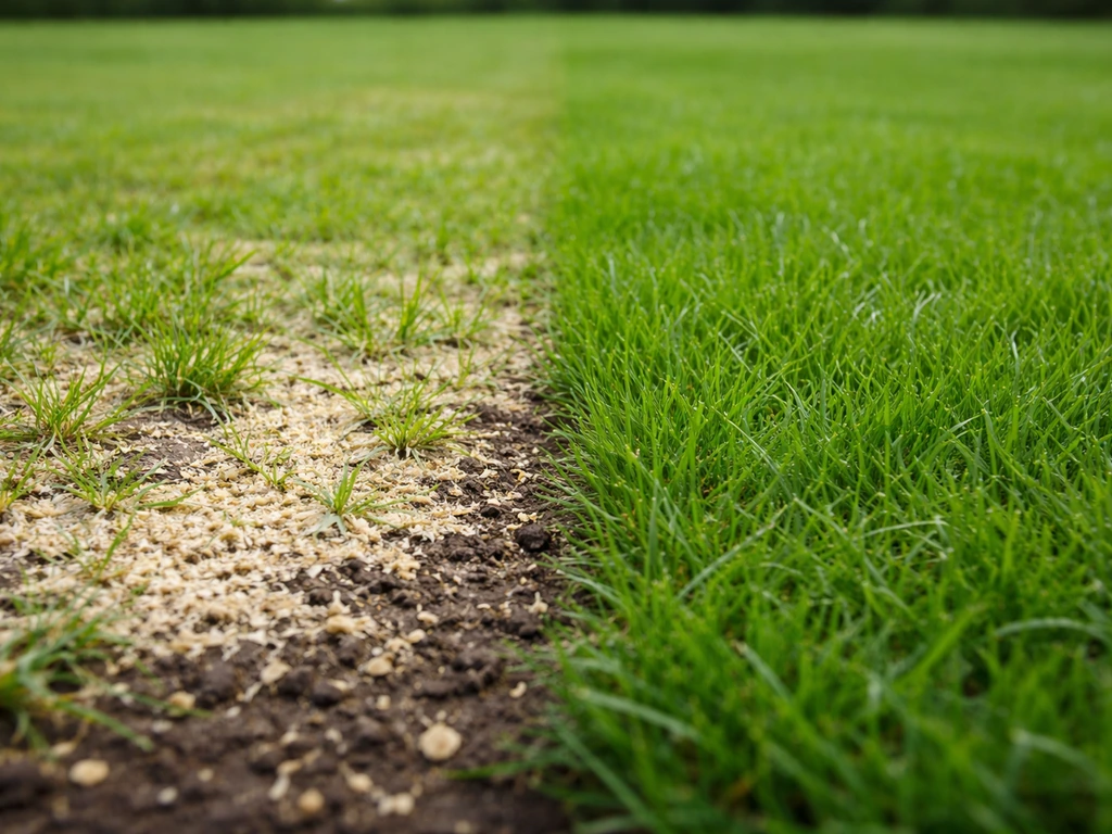 Side-by-side lawn patches: yellowish grass with fresh sawdust versus greener grass without it.