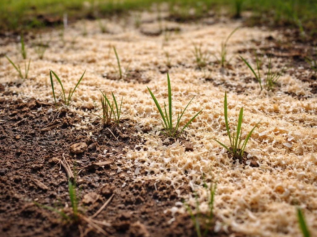 Ground-level view of sawdust layer on soil with thin struggling grass blades and darker moist earth underneath.