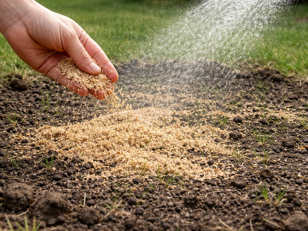 Thin layer of well-aged sawdust spread over grass seedbed, then immediately watered with a fine spray.