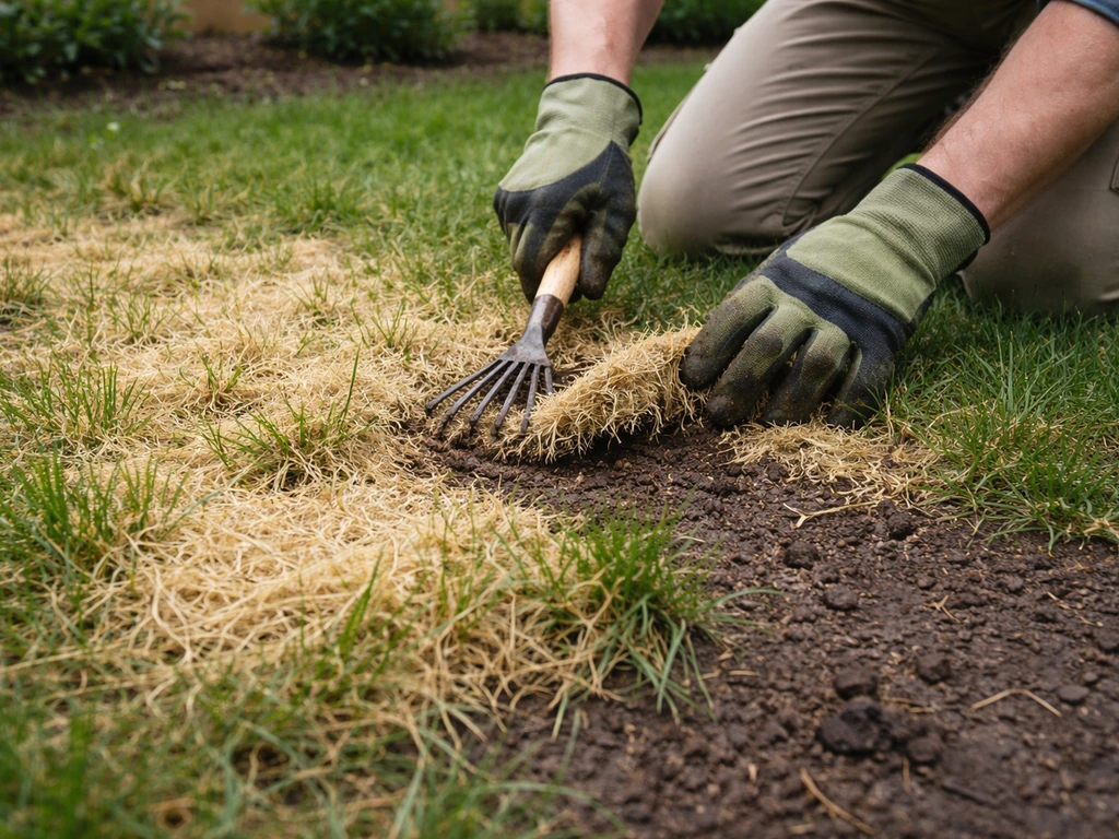 Gardener rakes and lifts sawdust over pale yellow grass in a backyard lawn.