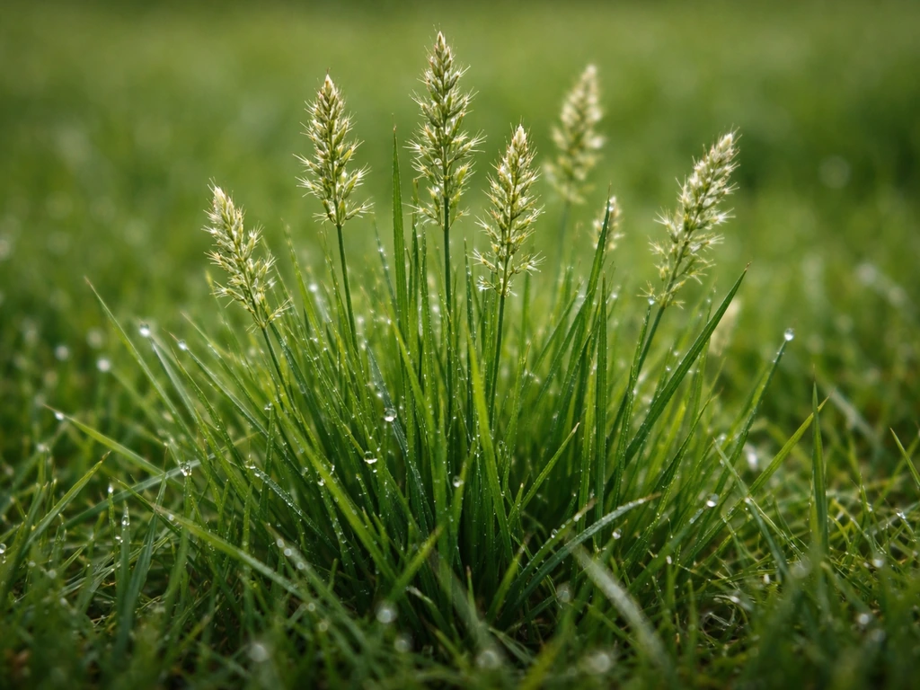 Close-up of a lawn grass blade with visible seed heads/flowering structure in natural light.