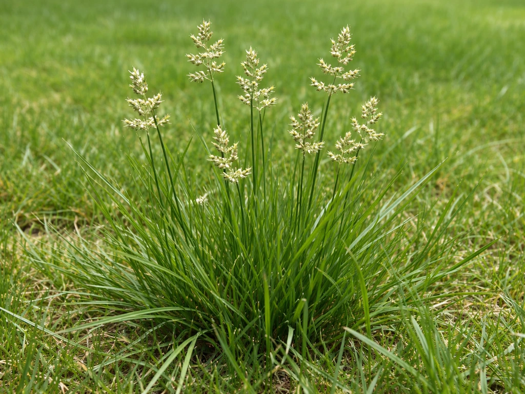 Close-up of lawn grass with upright flowering/seed heads on thin stems.