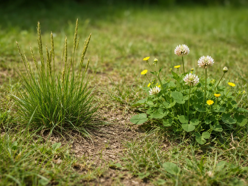 Close-up lawn with grass seed heads on one side and clover/weed flowers on the other.