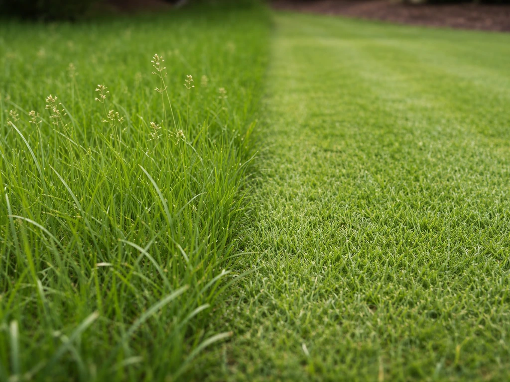 Split lawn view: taller grass with visible seed heads vs closely cut grass with none.
