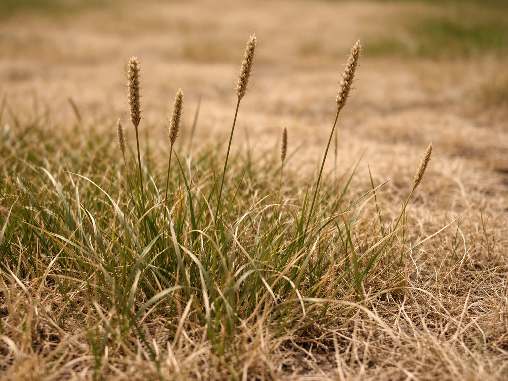 Close-up of drought-stressed lawn grass with wilted blades and prominent seed heads in late-spring heat