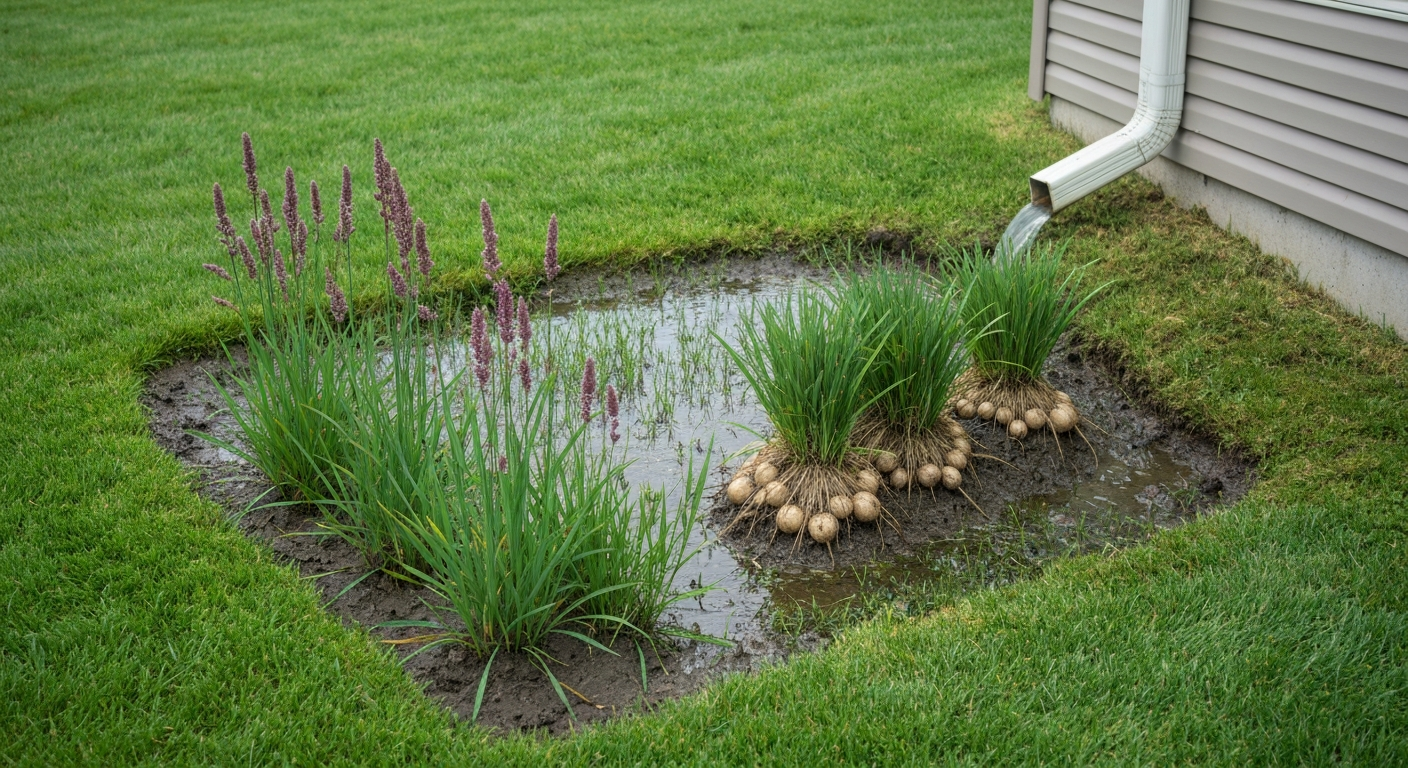 Soggy lawn patch after rain, showing barnyardgrass and nutsedge near a downspout in a suburban yard.