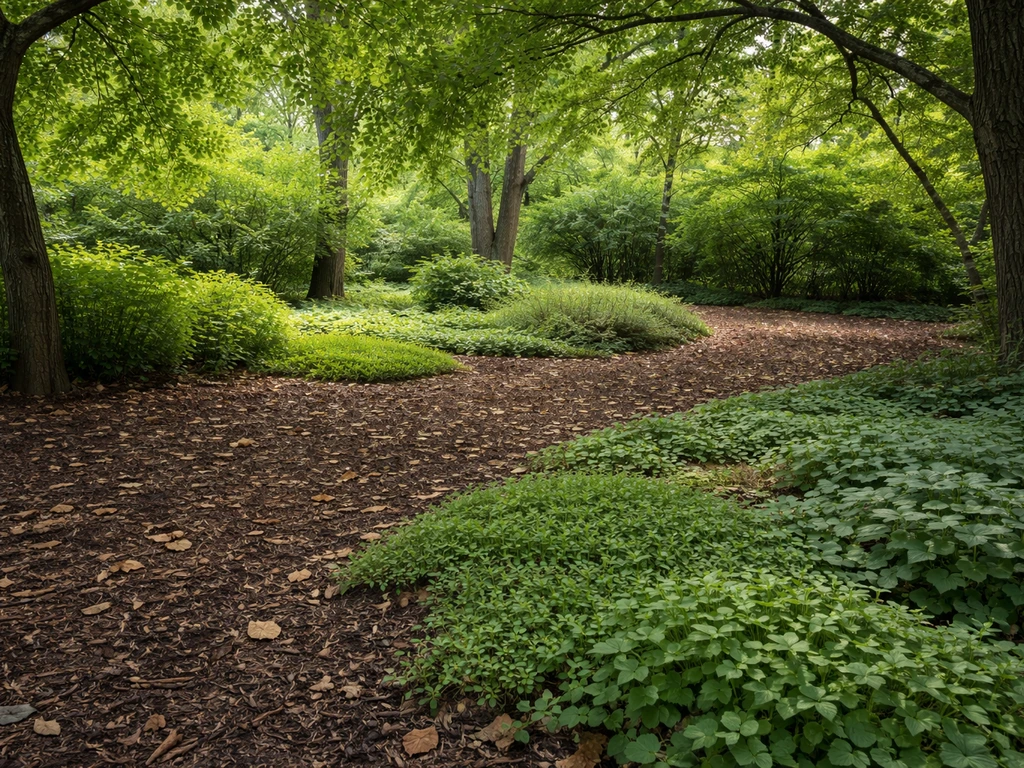 Lush shaded area under mature trees with layered mulch and thriving groundcovers where grass won’t grow