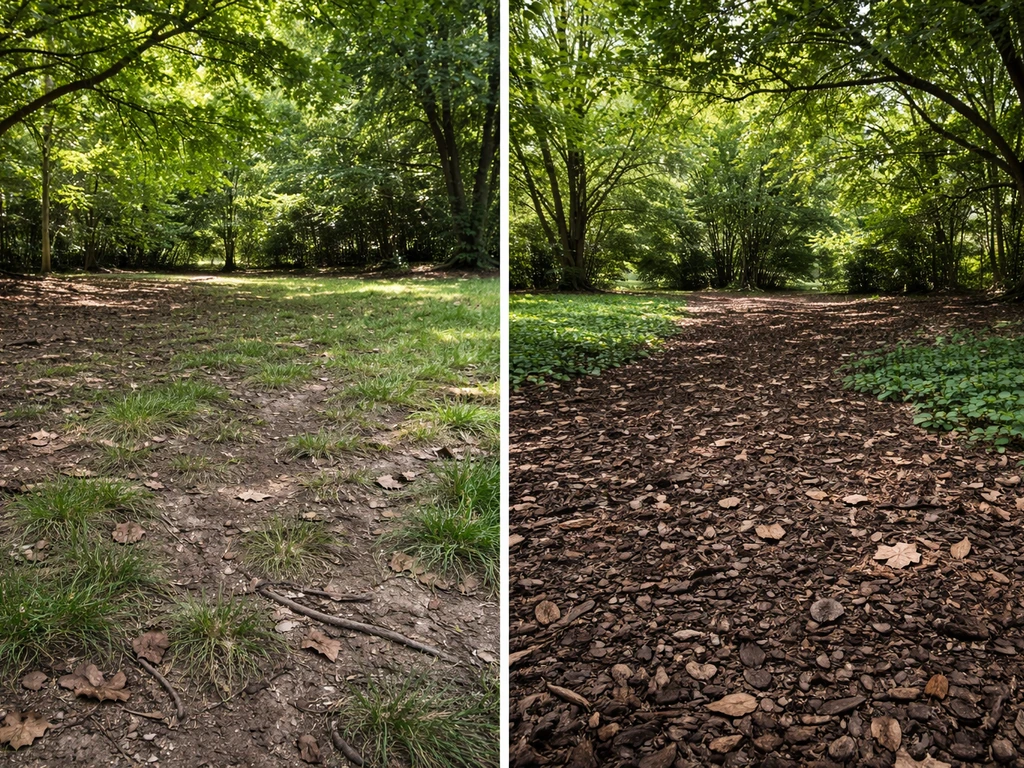 Split view of thin failing grass under tree shade versus mulched groundcover in low light.