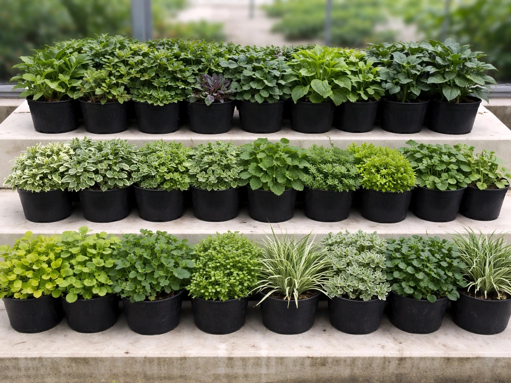 Nursery display of low leafy groundcover plants in pots, grouped for different light conditions.