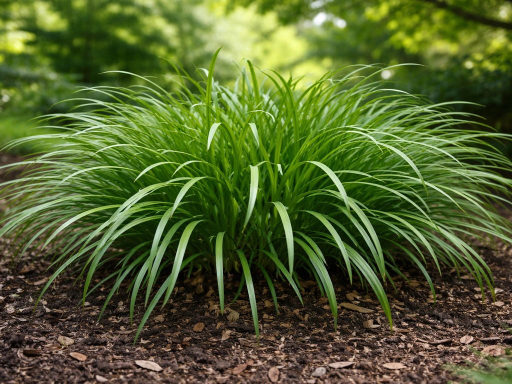 Close-up of lilyturf (Liriope muscari) clump growing in dappled shade with grass-like blades.