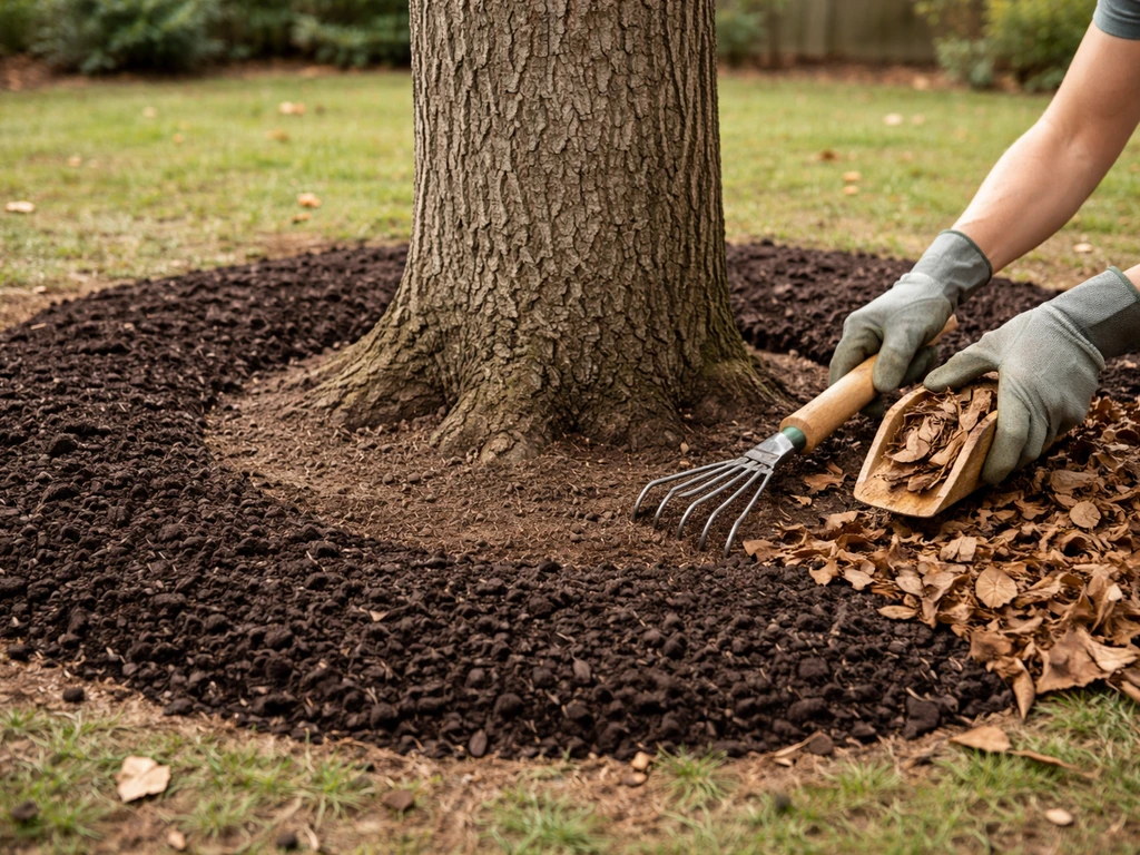 Cautious gardener clearing leaf litter and fresh mulch around a tree trunk without digging