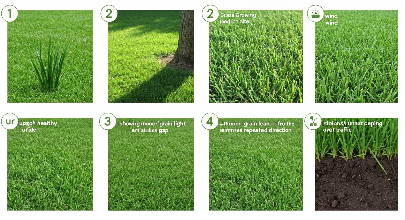 Infographic-style lawn image showing upright grass alongside patches leaning from shade, mower grain, and visible stolons creeping across the soil.